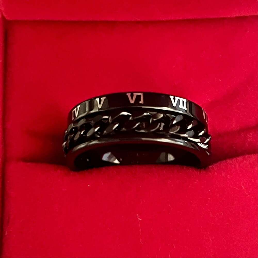 Roman Numeral Spinner Ring Black Chain Stainless Steel Band